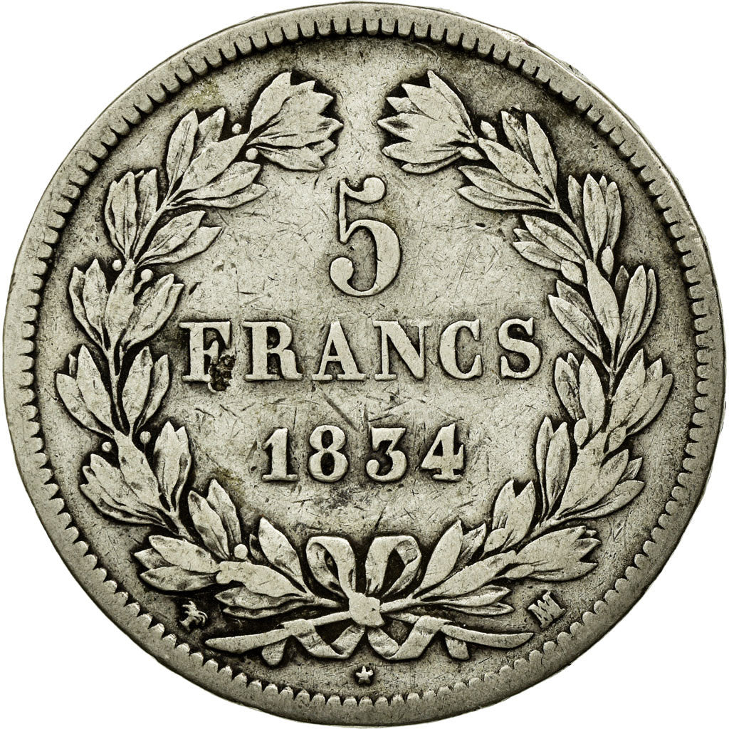 Coin, France, Louis-Philippe, 5 Francs, 1834, Marseille, VF(20-25), Silver