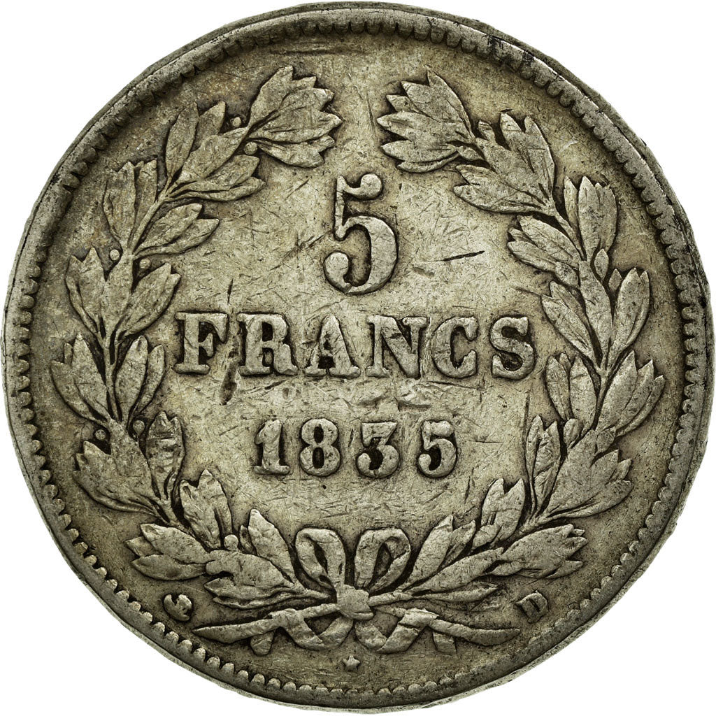 Moneta, Francia, Louis-Philippe, 5 Francs, 1835, Lyon, MB, Argento, Gadoury:678