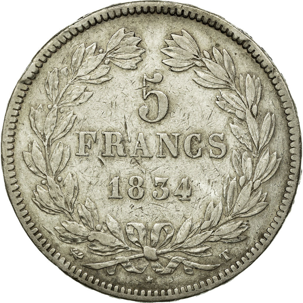 Coin, France, Louis-Philippe, 5 Francs, 1834, Nantes, AU(50-53), Silver