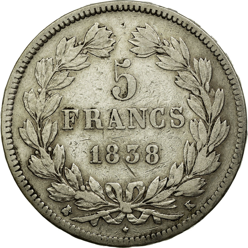 Coin, France, Louis-Philippe, 5 Francs, 1838, Bordeaux, VF(30-35), Silver