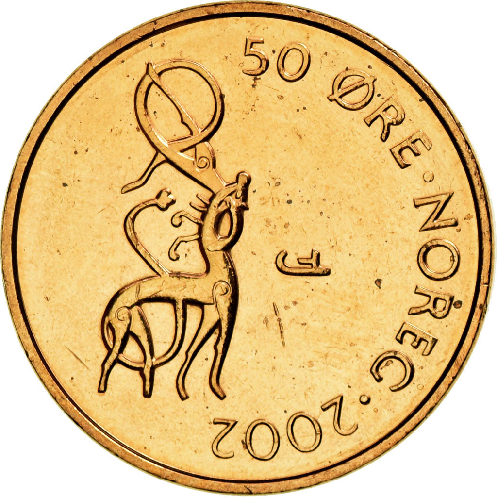 Coin, Norway, Harald V, 50 Öre, 2002, AU(55-58), Bronze, KM:460