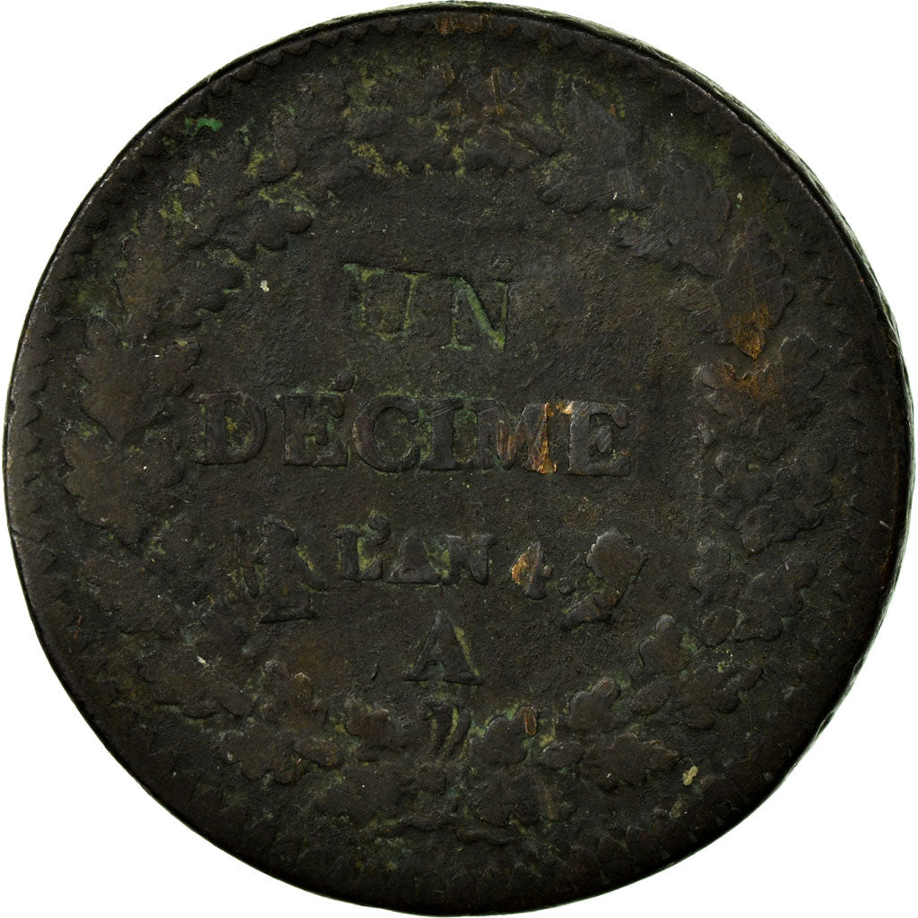 Moneda, Francia, Dupré, Decime, 1795, Paris, BC+, Bronce, Gadoury:186