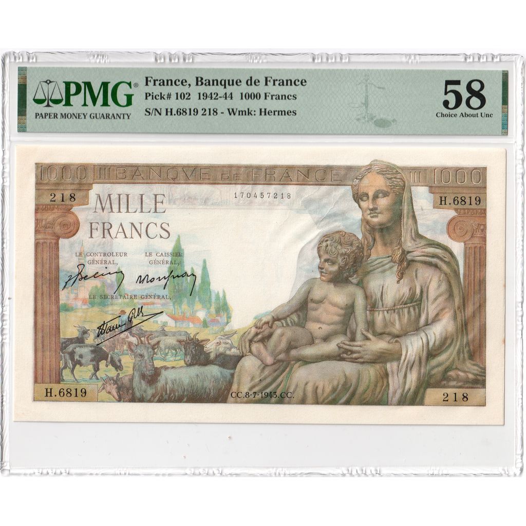Francia, 1000 Francs, Déesse Déméter, 1943-07-08, H.6819, SC