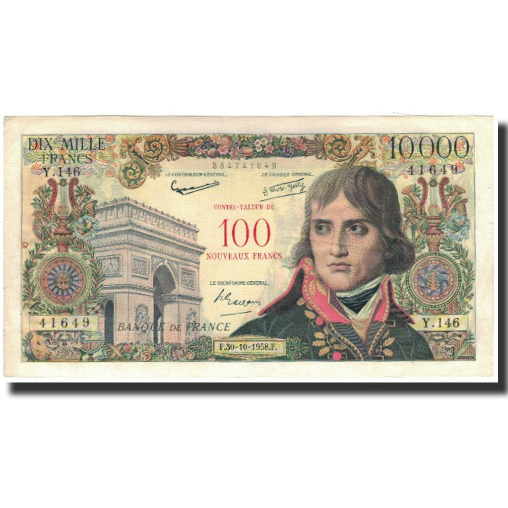 France, 100 Nouveaux Francs on 10,000 Francs, 1955-1959 Overprinted with