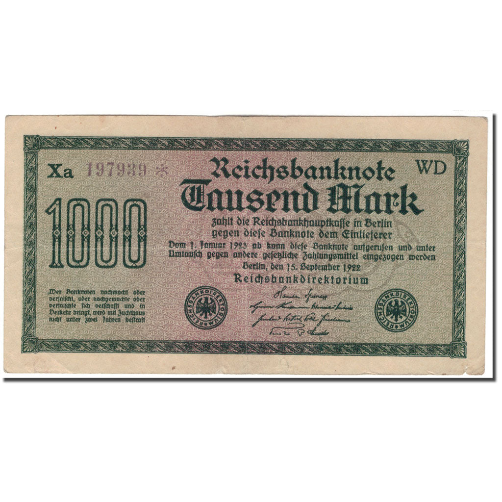 Banknot, Niemcy, 1000 Mark, 1922-09-15, KM:76d, AU(50-53)