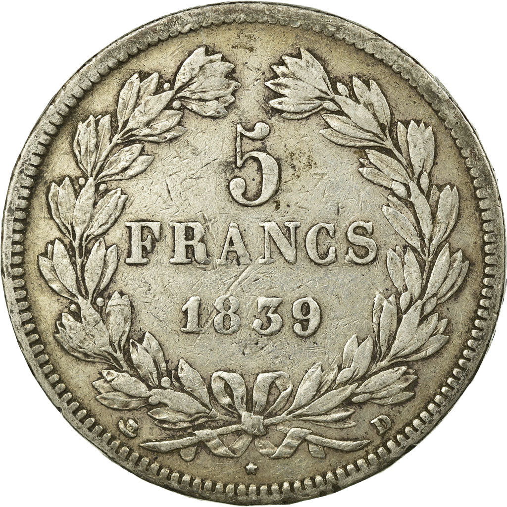 Moneda, Francia, Louis-Philippe, 5 Francs, 1839, Lyon, MBC, Plata, KM:749.4