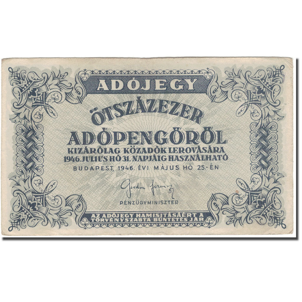Banknote, Hungary, 500,000 (Ötszazezer) Adópengö, 1946-05-25, KM:139b