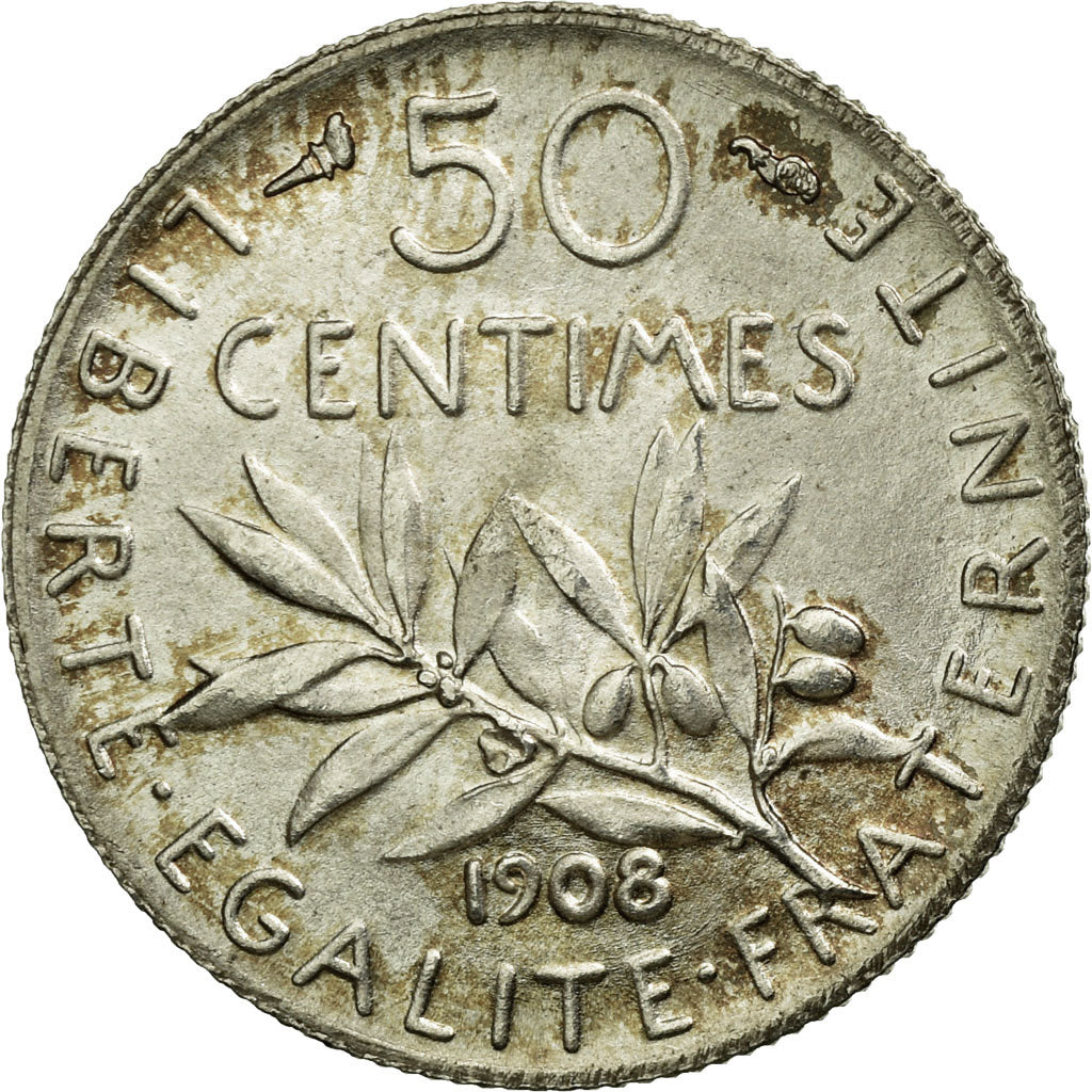 Monnaie, France, Semeuse, 50 Centimes, 1908, SUP+, Argent, KM:854, Gadoury:420