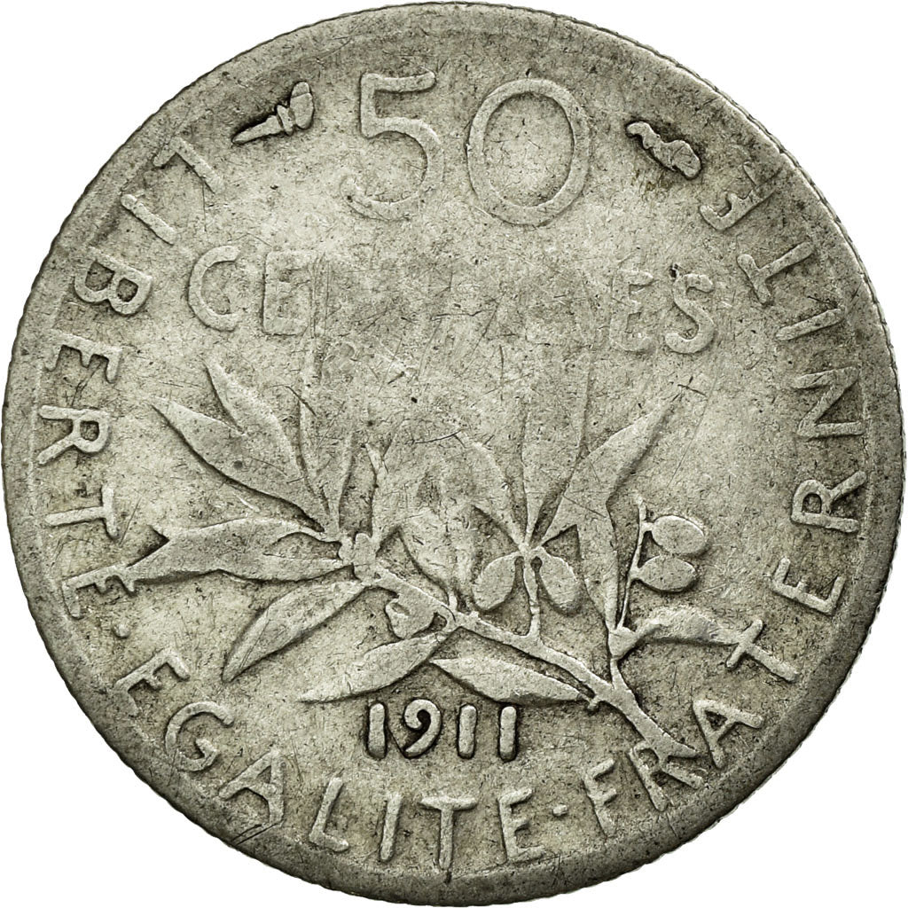 Munten, Frankrijk, Semeuse, 50 Centimes, 1911, FR, Zilver, KM:854, Gadoury:420