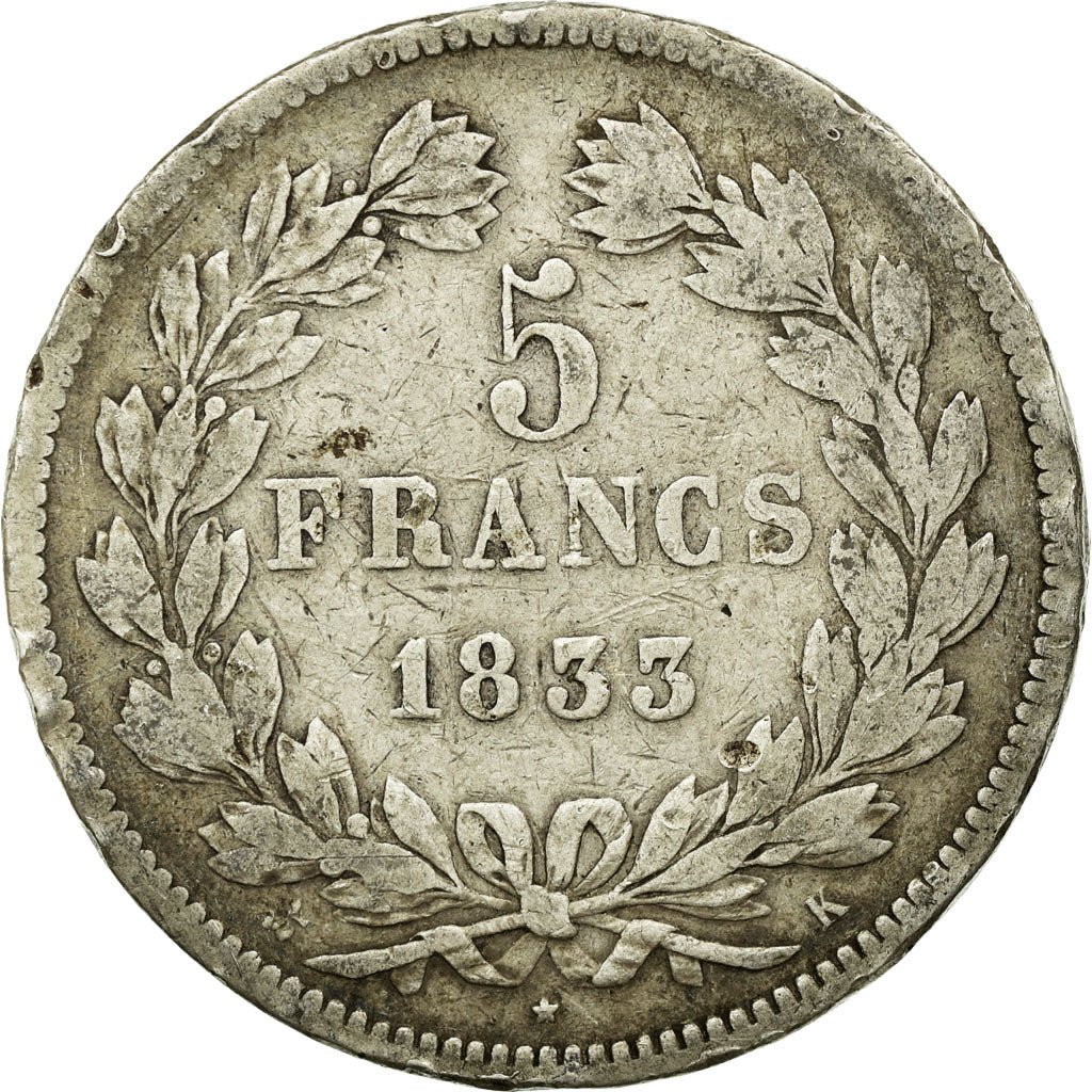 Coin, France, Louis-Philippe, 5 Francs, 1833, Bordeaux, VF(20-25), Silver