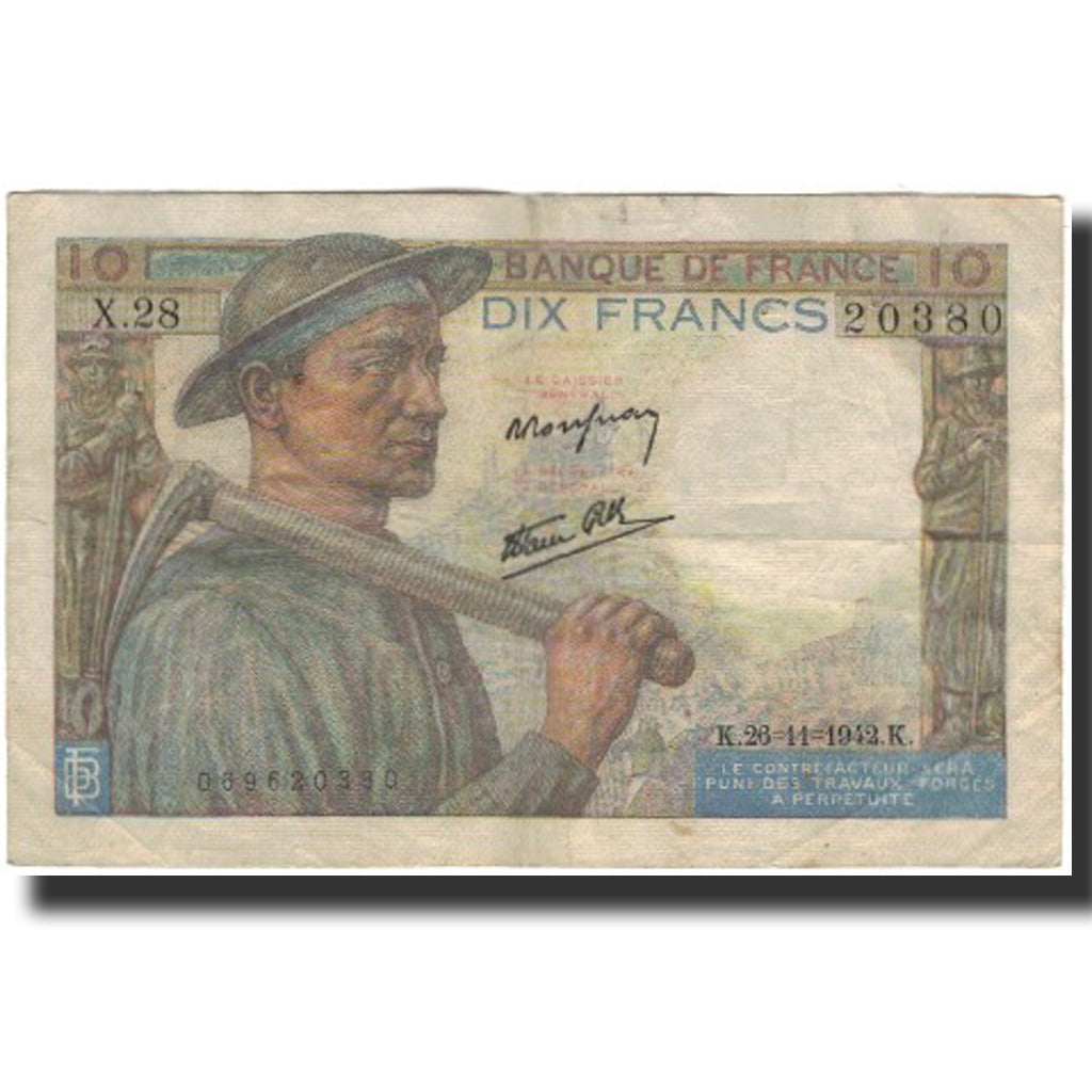 France, 10 Francs, Mineur, 1942-11-26, F(12-15), Fayette:8.6, KM:99e