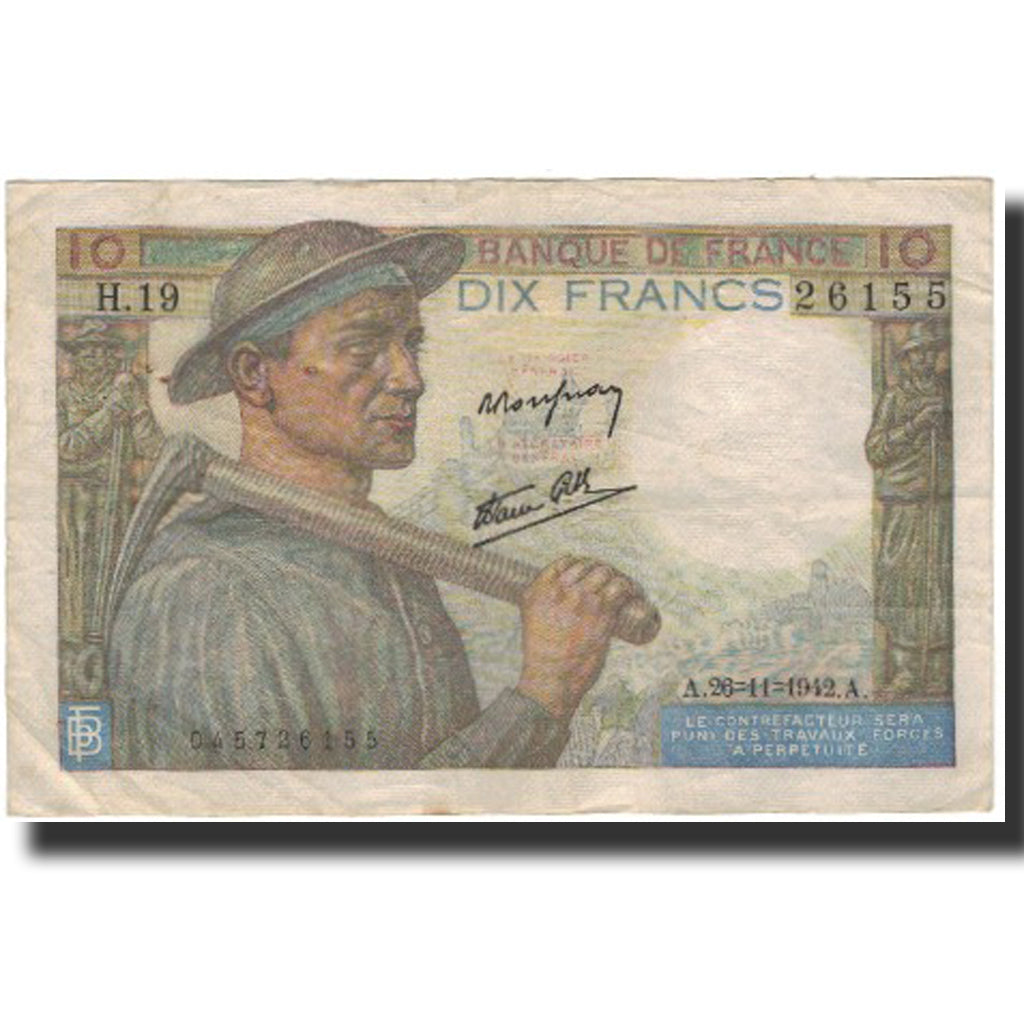 France, 10 Francs, Mineur, 1942-11-26, F(12-15), Fayette:8.6, KM:99e