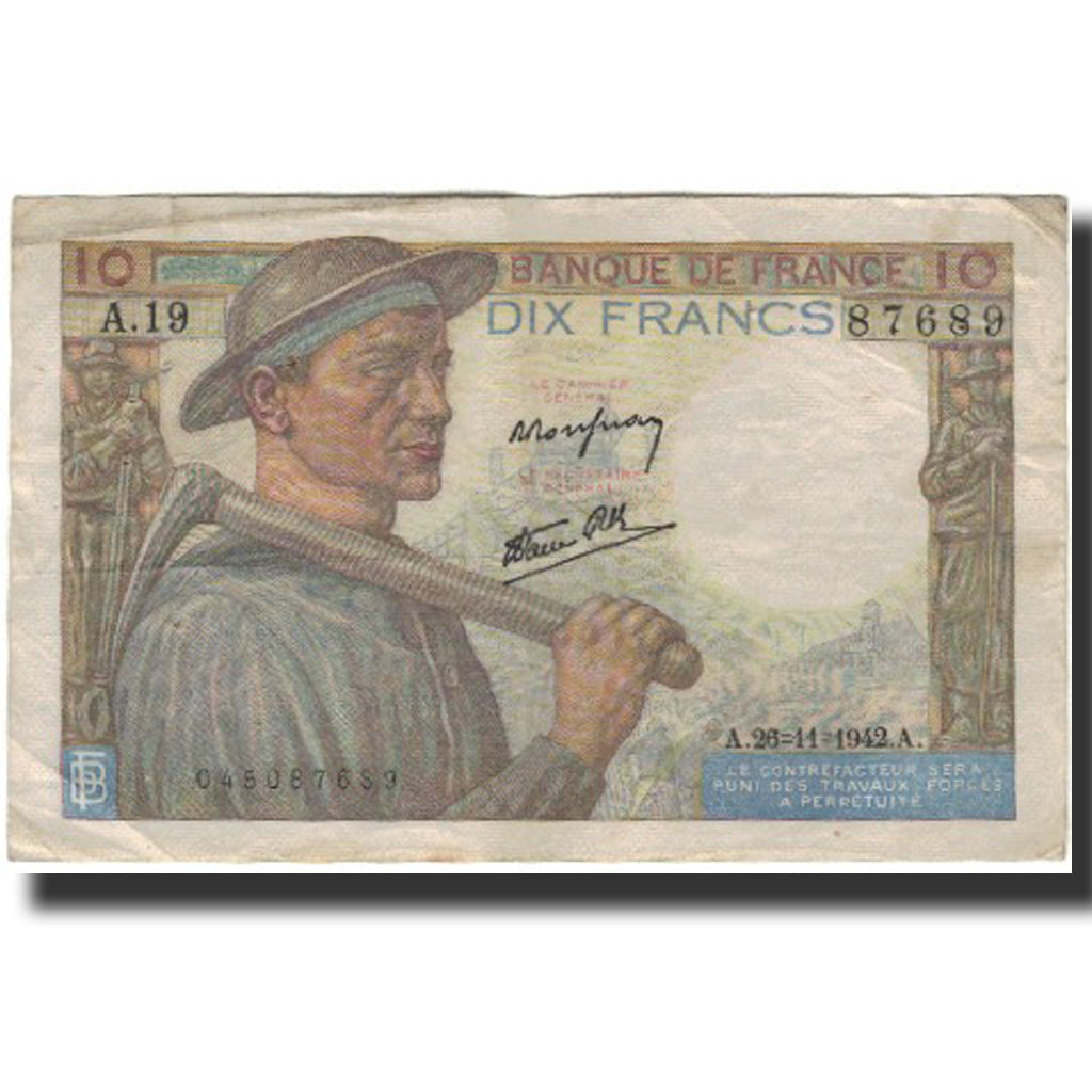 Frankreich, 10 Francs, Mineur, 1942-11-26, SGE+, Fayette:8.6, KM:99e