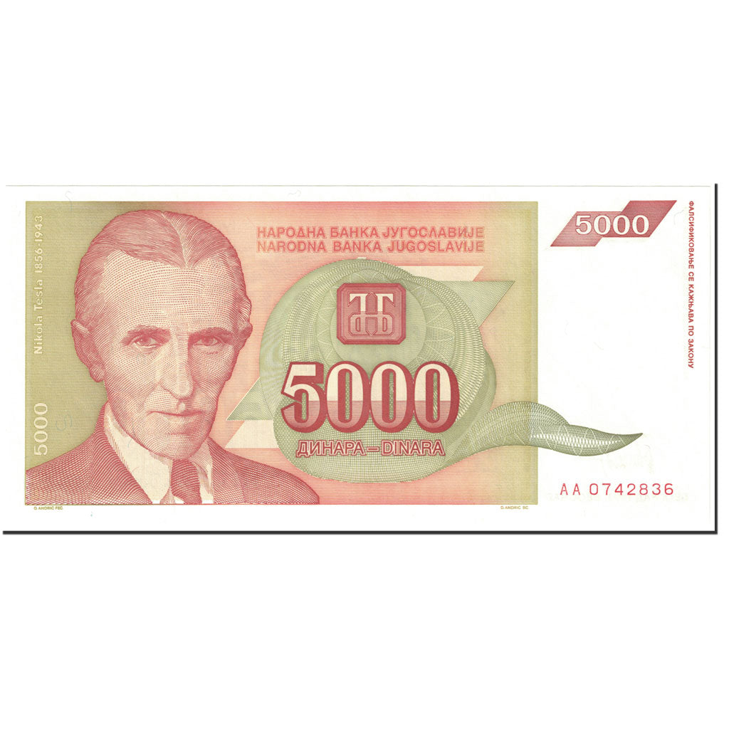 Banconote, Iugoslavia, 5000 Dinara, 1993, Undated (1993), KM:128, FDS