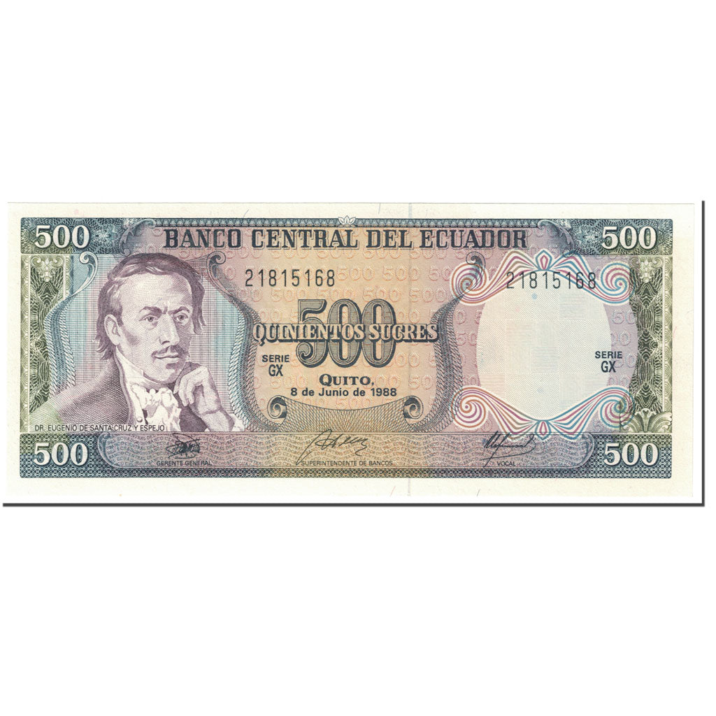 Banknote, Ecuador, 500 Sucres, 1988, 1988-06-08, KM:124Aa, UNC(65-70)