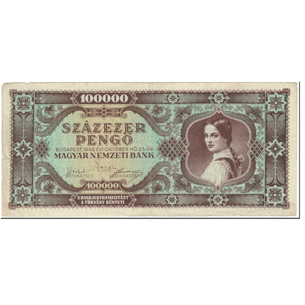 Banknote, Hungary, 100,000 Pengö, 1945, 1945-10-23, KM:120A, VF(20-25)