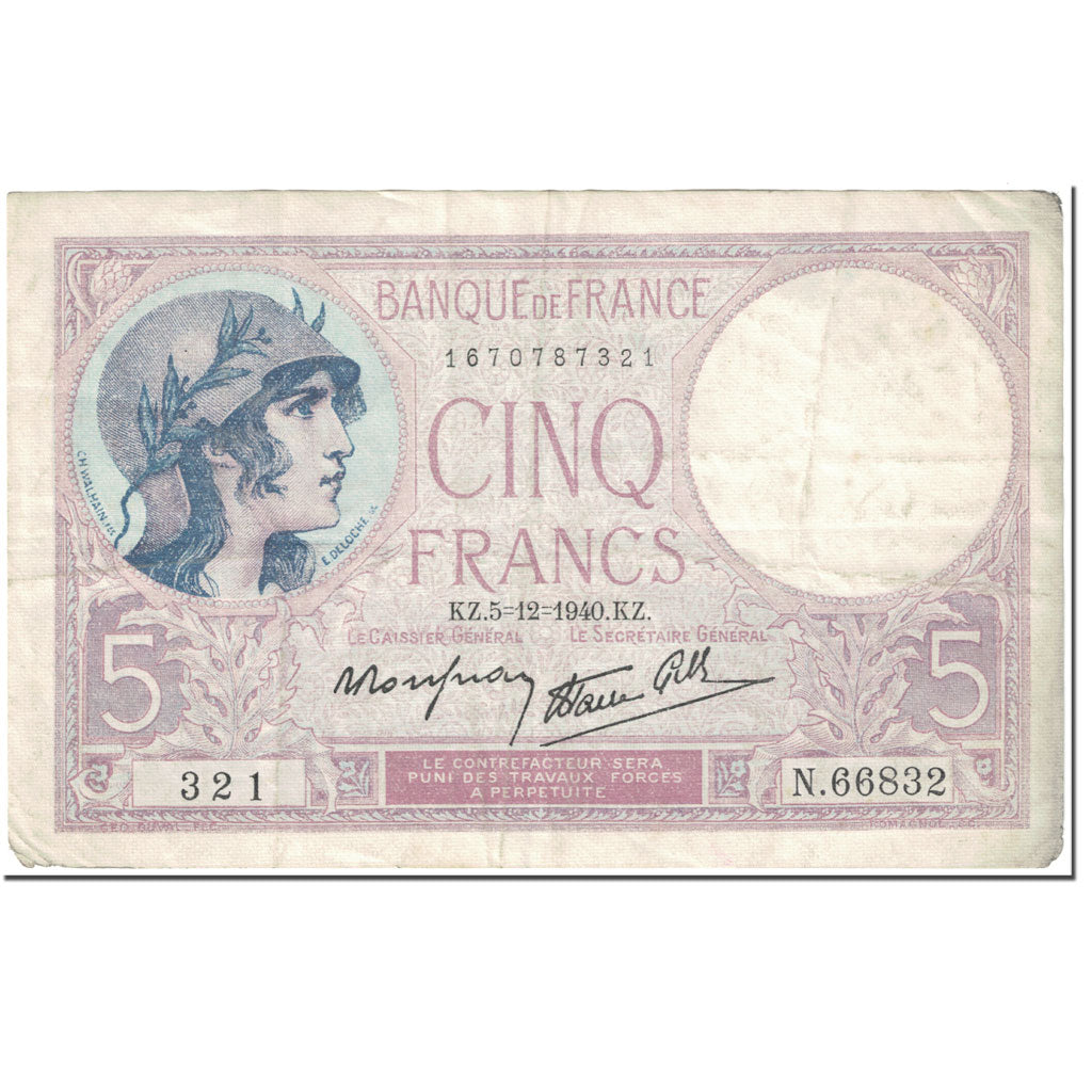 Francia, 5 Francs, Violet, 1940, 1940-12-05, MB+, Fayette:4.16, KM:83