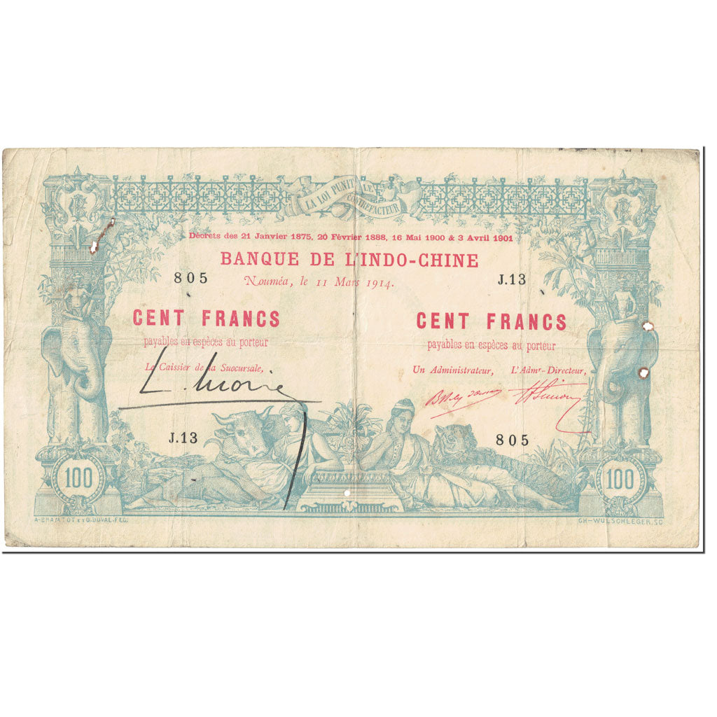 Banknot, Nowa Kaledonia, 100 Francs, 1914, 1914-03-11, KM:17, VF(20-25)