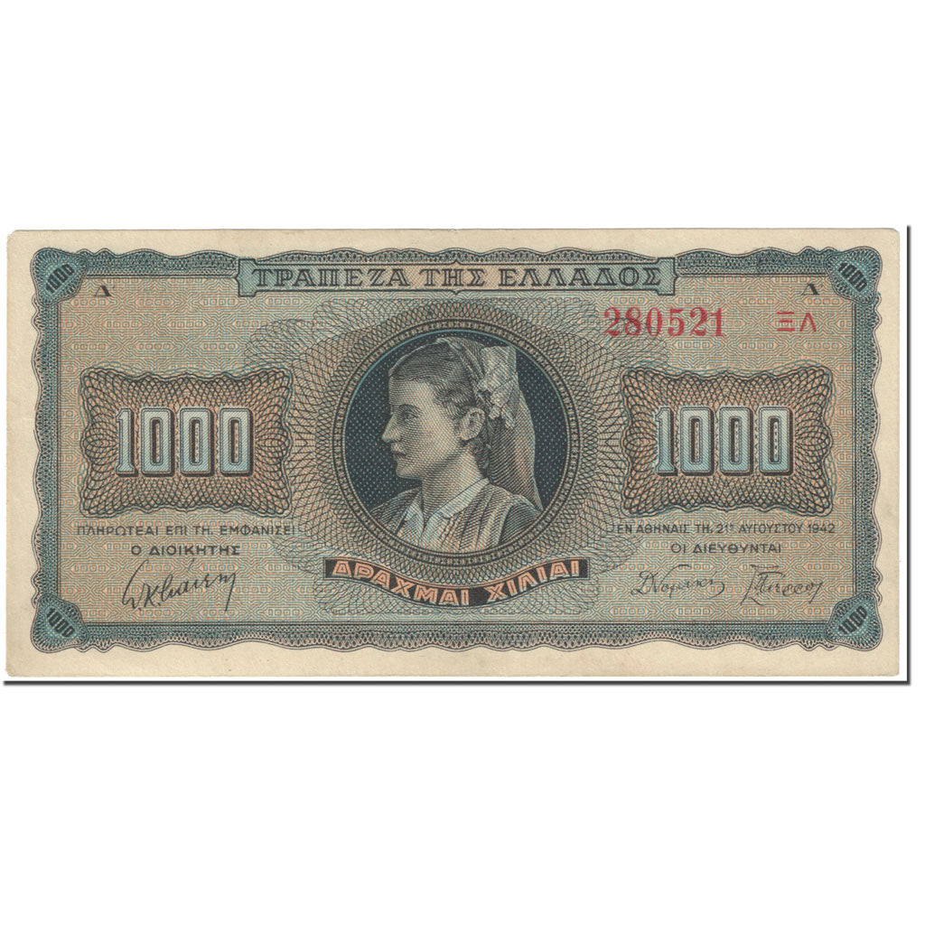 Banknot, Grecja, 1000 Drachmai, 1942, 1942-08-21, KM:118a, AU(55-58)