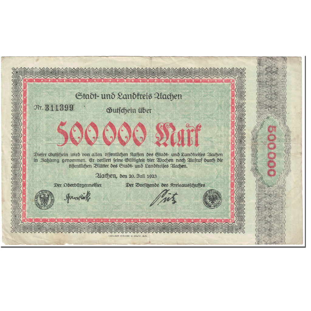 Banconote, Germania, Aachen, 500000 Mark, valeur faciale, 1923, 1923-07-20, MB