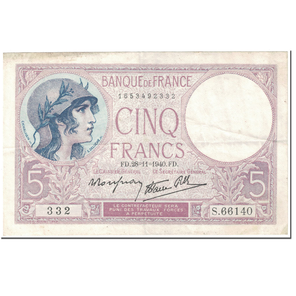 France, 5 Francs, Violet, 1940, 1940-11-28, EF(40-45), Fayette:4.15, KM:83