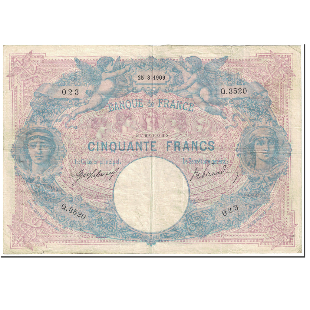 França, 50 Francs, Bleu et Rose, 1908, 1908-03-25, VF(20-25), Fayette:14.22