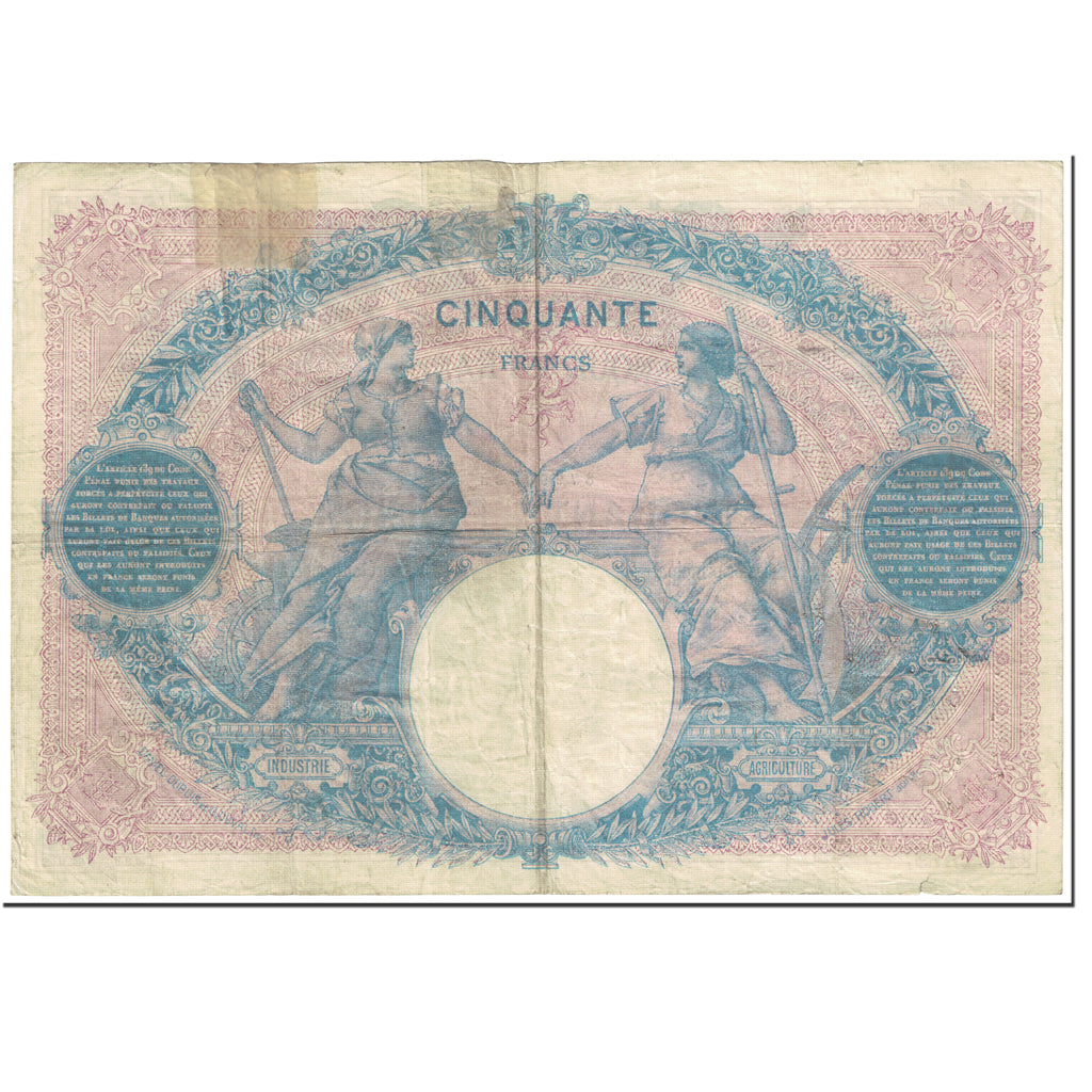 França, 50 Francs, Bleu et Rose, 1908, 1908-03-25, VF(20-25), Fayette:14.22