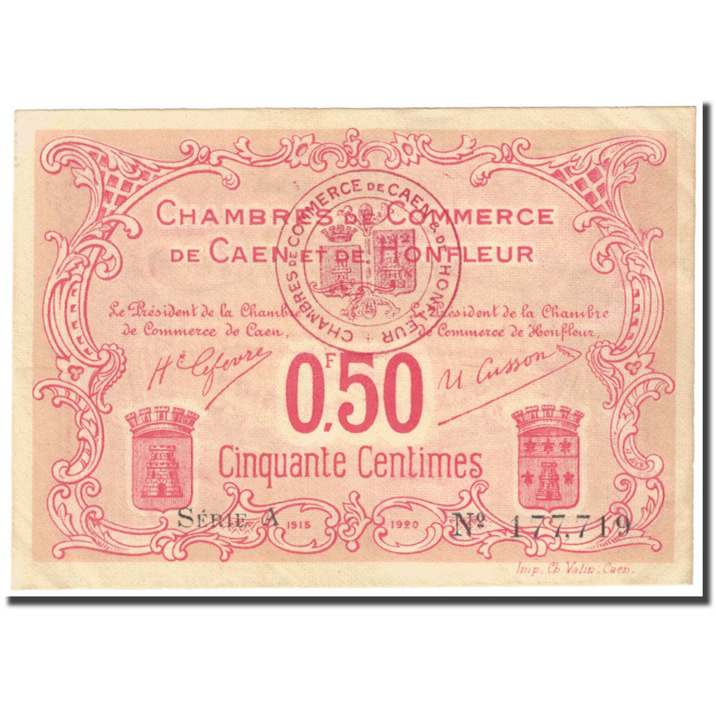 França, Caen et Honfleur, 50 Centimes, 1915-1920, AU(55-58), Pirot:34-12