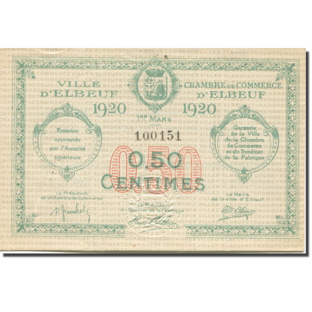 France, Elbeuf, 50 Centimes, 1920, AU(55-58), Pirot:55-15