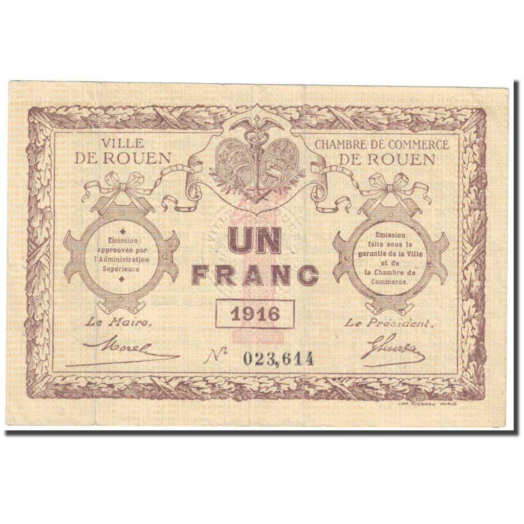 France, Rouen, 1 Franc, 1916, Chambre de Commerce, EF(40-45), Pirot:110-21