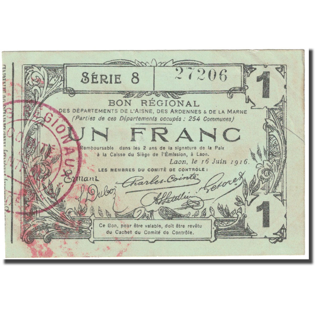 Francia, Laon, 1 Franc, 1916, Bon Régional, MBC, Pirot:02-1309