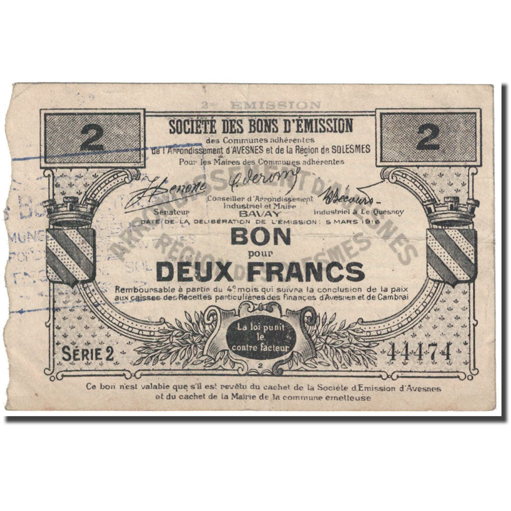 Francia, Avesnes-sur-Helpe, 2 Francs, 1916, Bon Pour, BC, Pirot:59-204