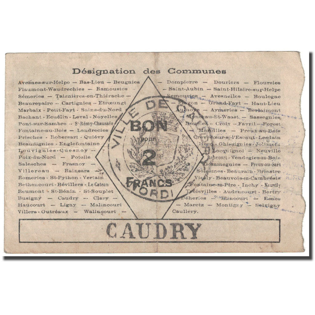 Francia, Avesnes-sur-Helpe, 2 Francs, 1916, Bon Pour, BC, Pirot:59-204