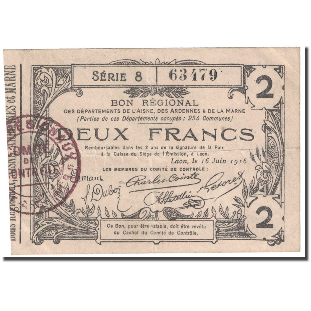 France, Laon, 2 Francs, 1916, Bon Régional, VF(20-25), Pirot:02-1310