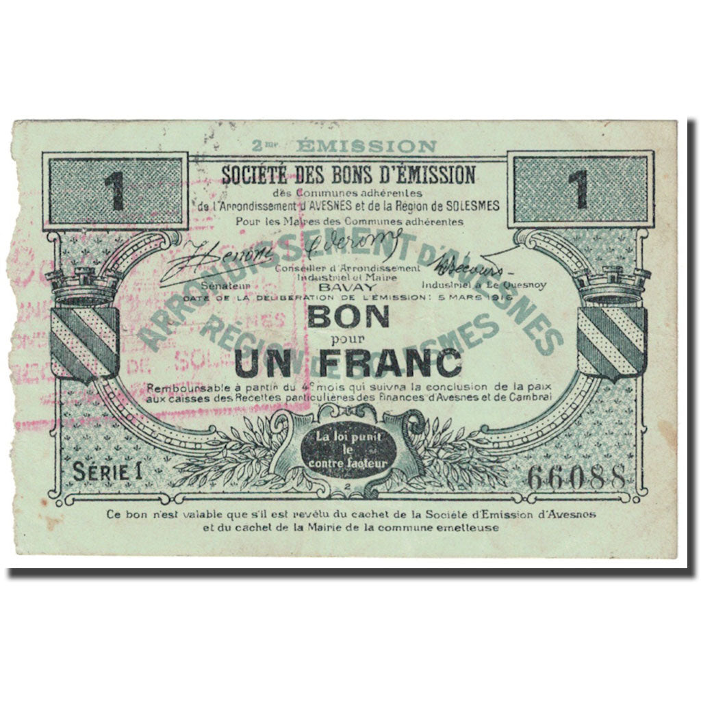 Francia, Avesnes, 1 Franc, 1916, Société des bons d'émission / Bon pour, MBC
