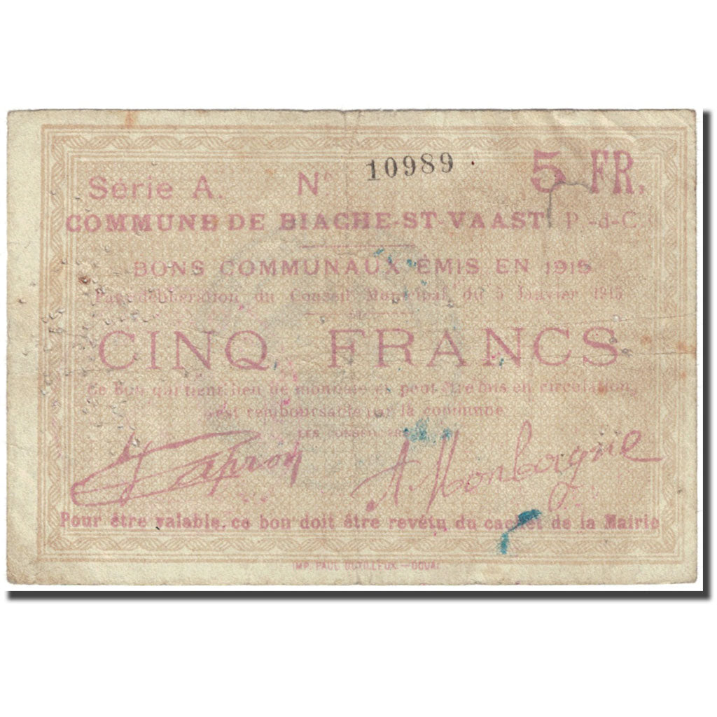 Francia, Biache St Vaast, 5 Francs, 1915, Bon Communal, RC, Pirot:62-112