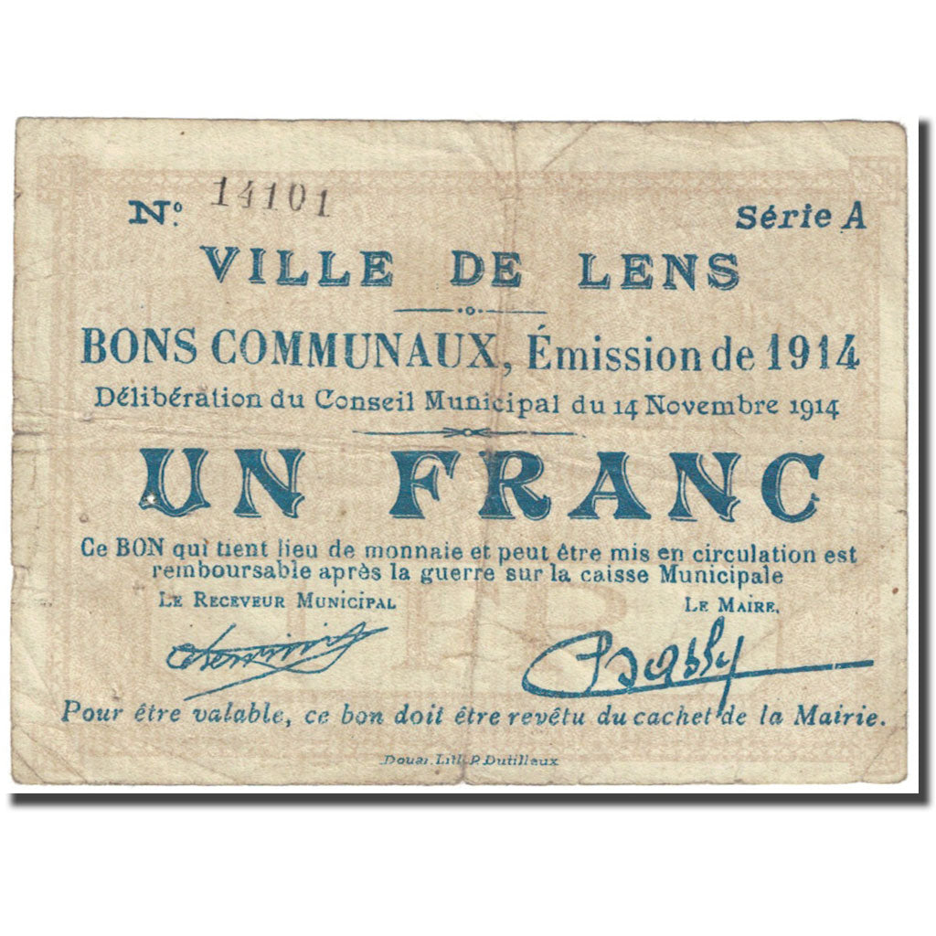 Francia, Lens., 1 Franc, 1914, Bon Communal, BC, Pirot:62-787