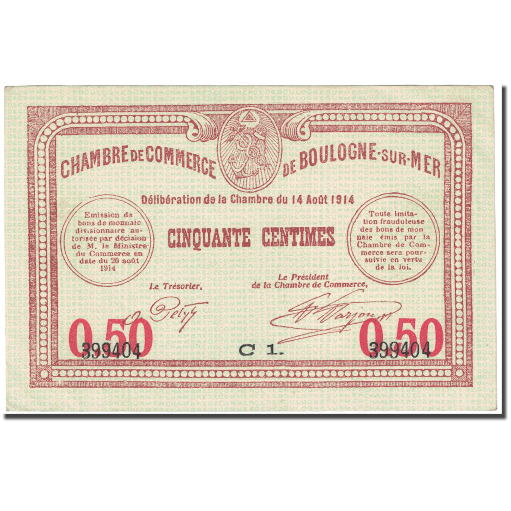 France, Boulogne-sur-Mer, 50 Centimes, 1914, Chambre de Commerce, SPL