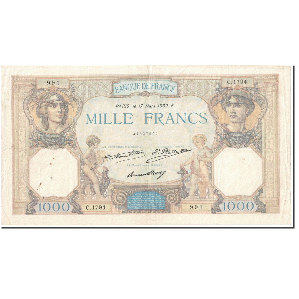 France, 1000 Francs, Cérès et Mercure, 1932, 1932-03-17, TB, Fayette:37.7