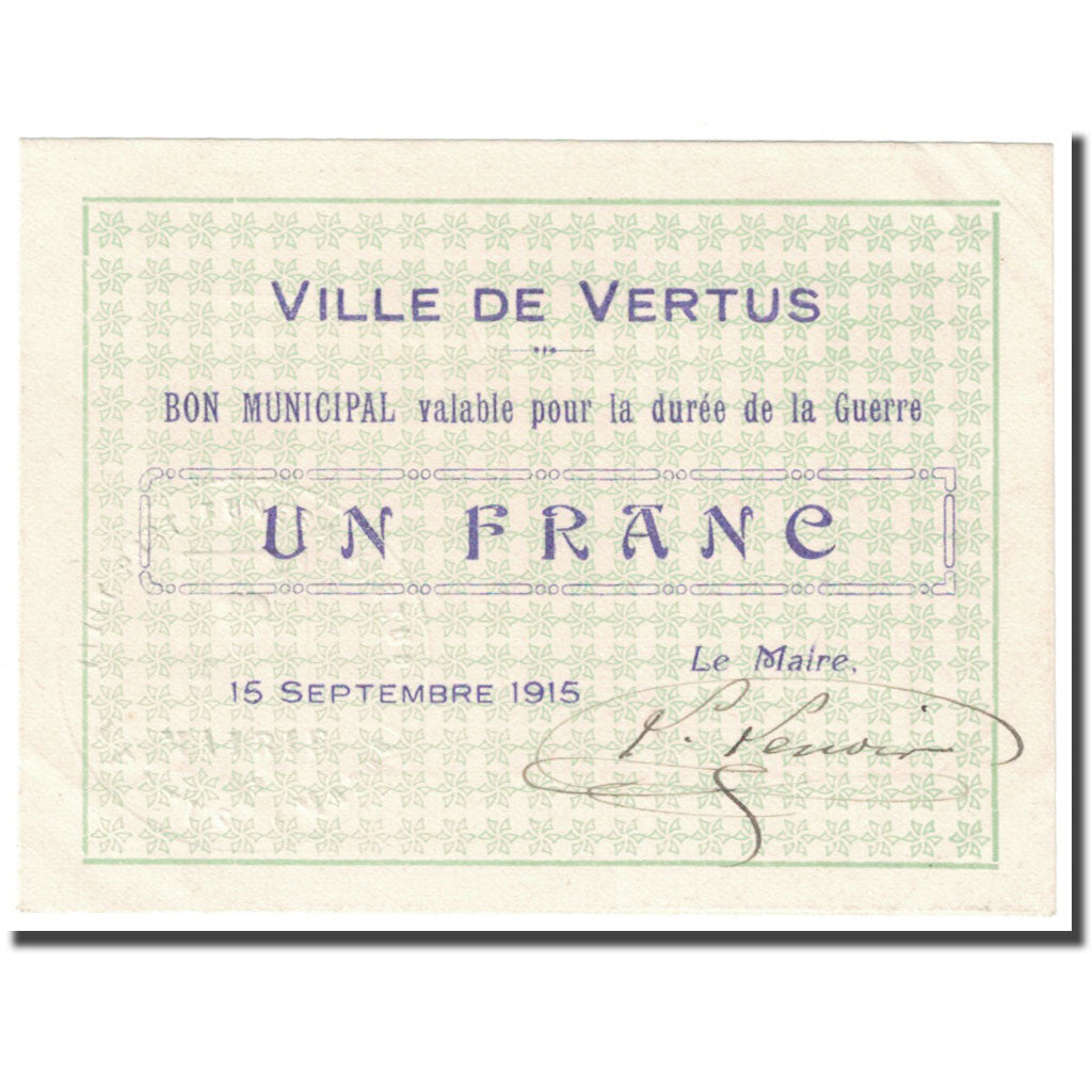 Frankrijk, Vertus, 1 Franc, 1915, Bon Municipal., SUP, Pirot:51-52