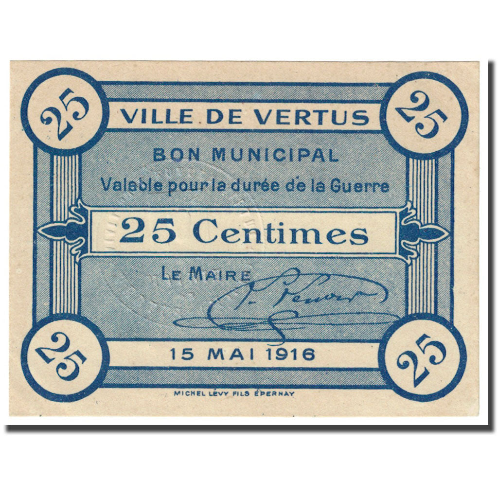 Francia, Vertus, 25 Centimes, 1916, Bon Municipal., EBC, Pirot:51-53