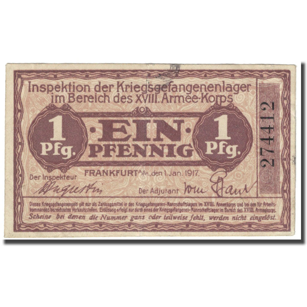 Banknote, Germany, 1 Pfennig, 1917, 1917-01-01, Camp de prisonniers, VF(20-25)