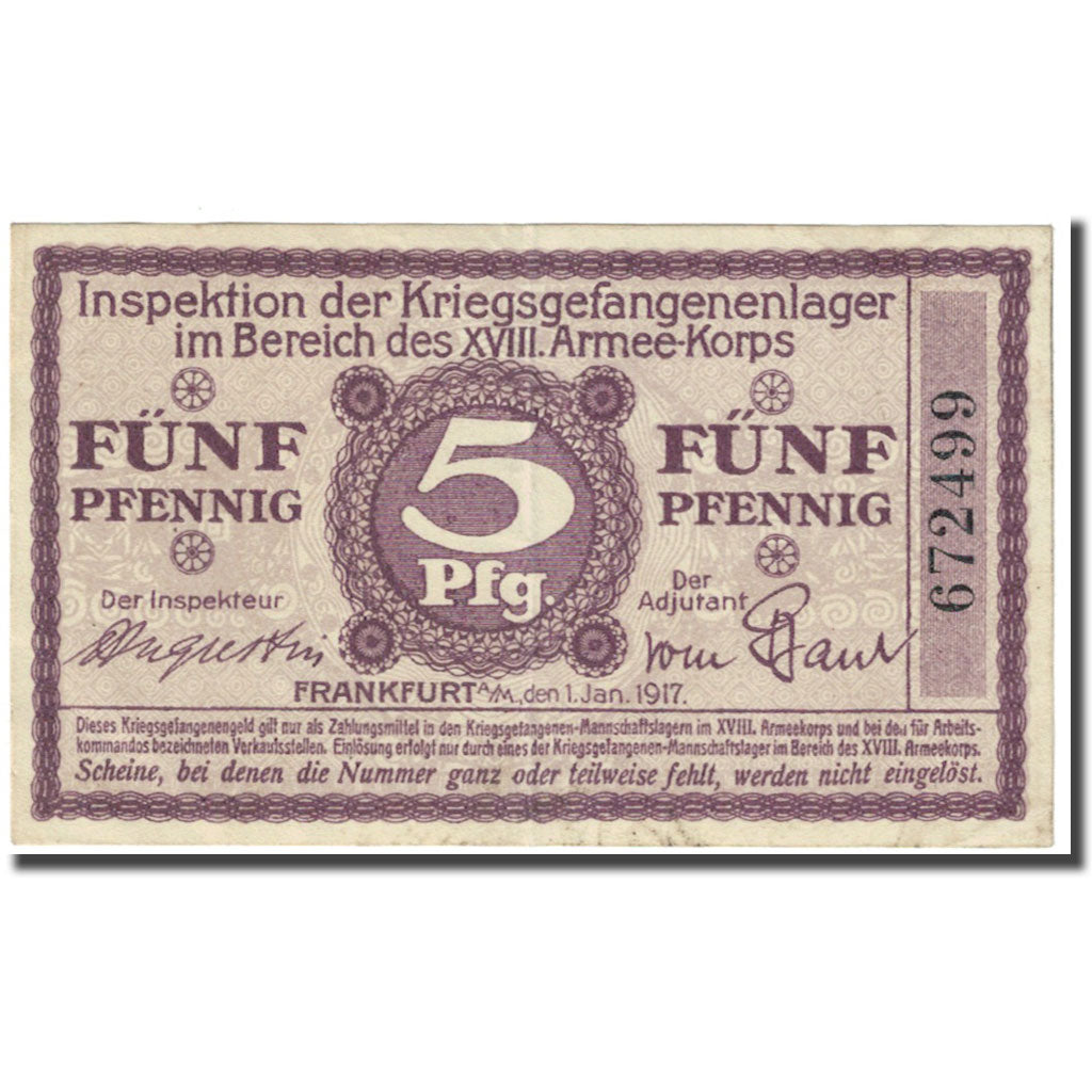 Banknote, Germany, 5 Pfennig, 1917, 1917-01-01, Camp de prisonniers, VF(20-25)