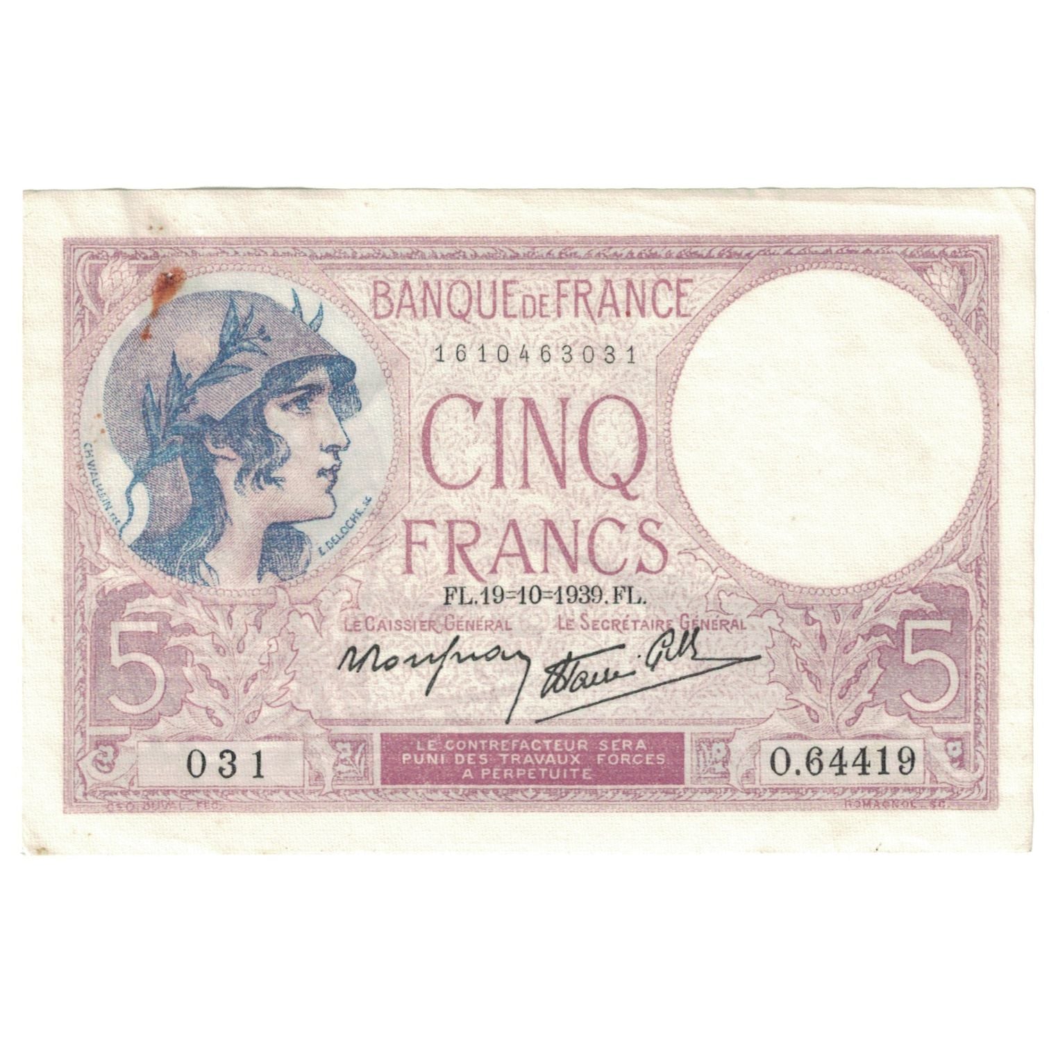 France, 5 Francs, 1939, 1939-11-02, EF(40-45), Fayette:4.14, KM:83