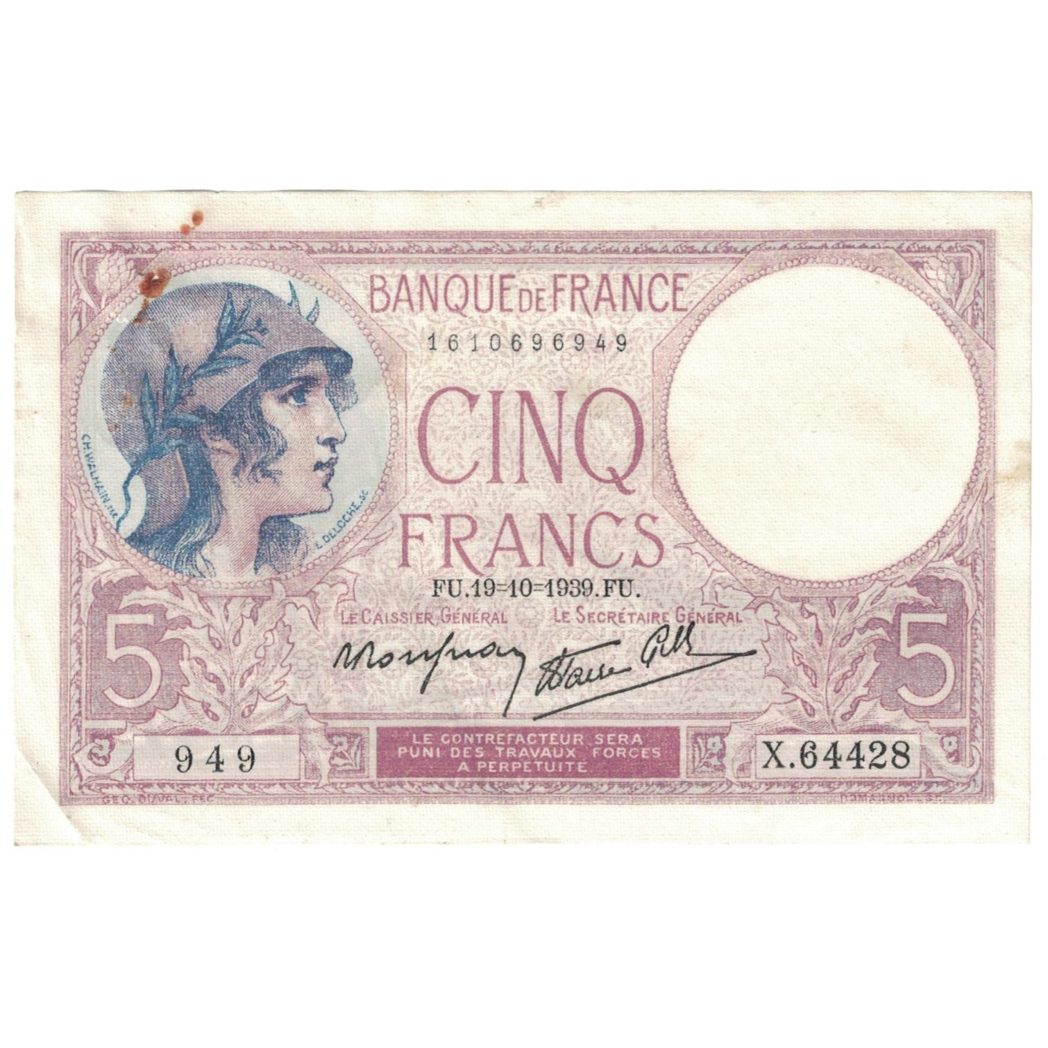 Francia, 5 Francs, 1939, 1939-10-19, BB, Fayette:4.12, KM:83