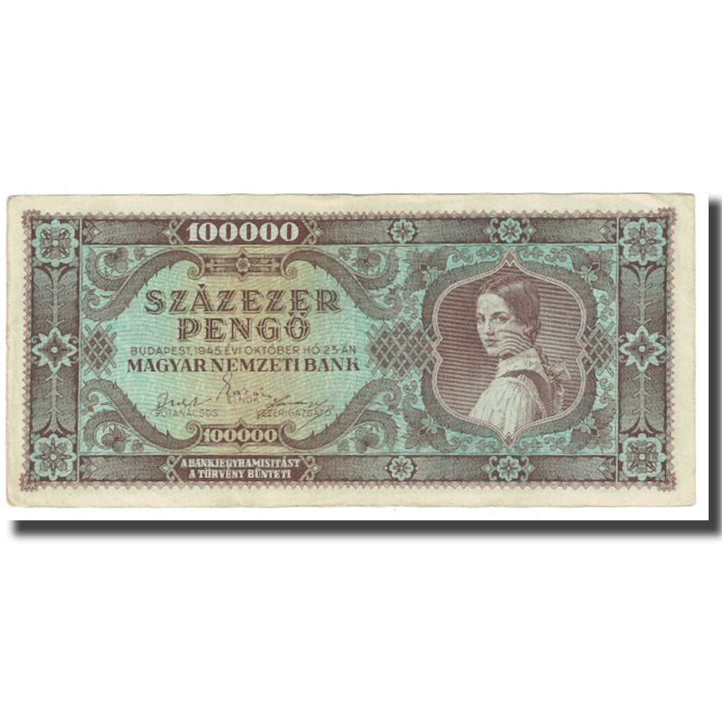 Banknot, Węgry, 100,000 Pengö, 1945, 1945-10-23, KM:121a, EF(40-45)