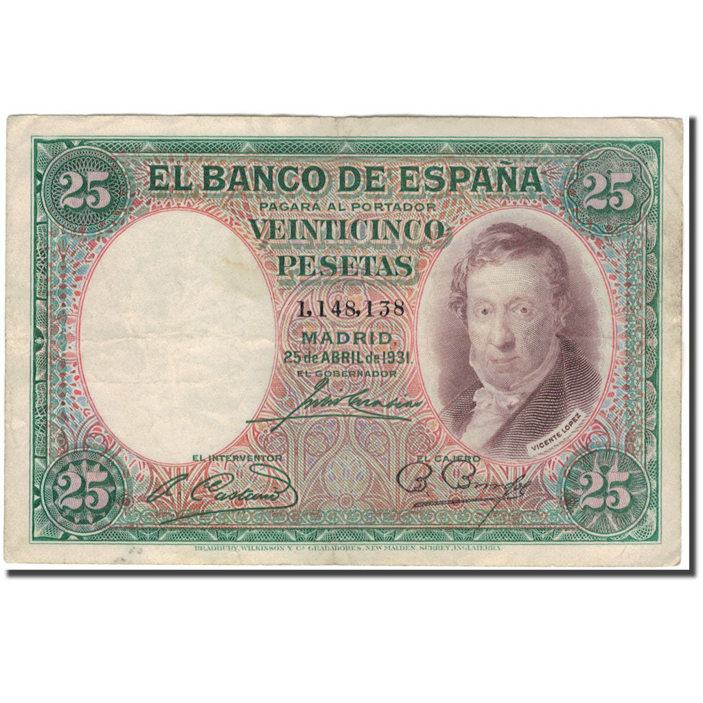 Biljet, Spanje, 25 Pesetas, 1931, 1931-04-25, KM:81, TB