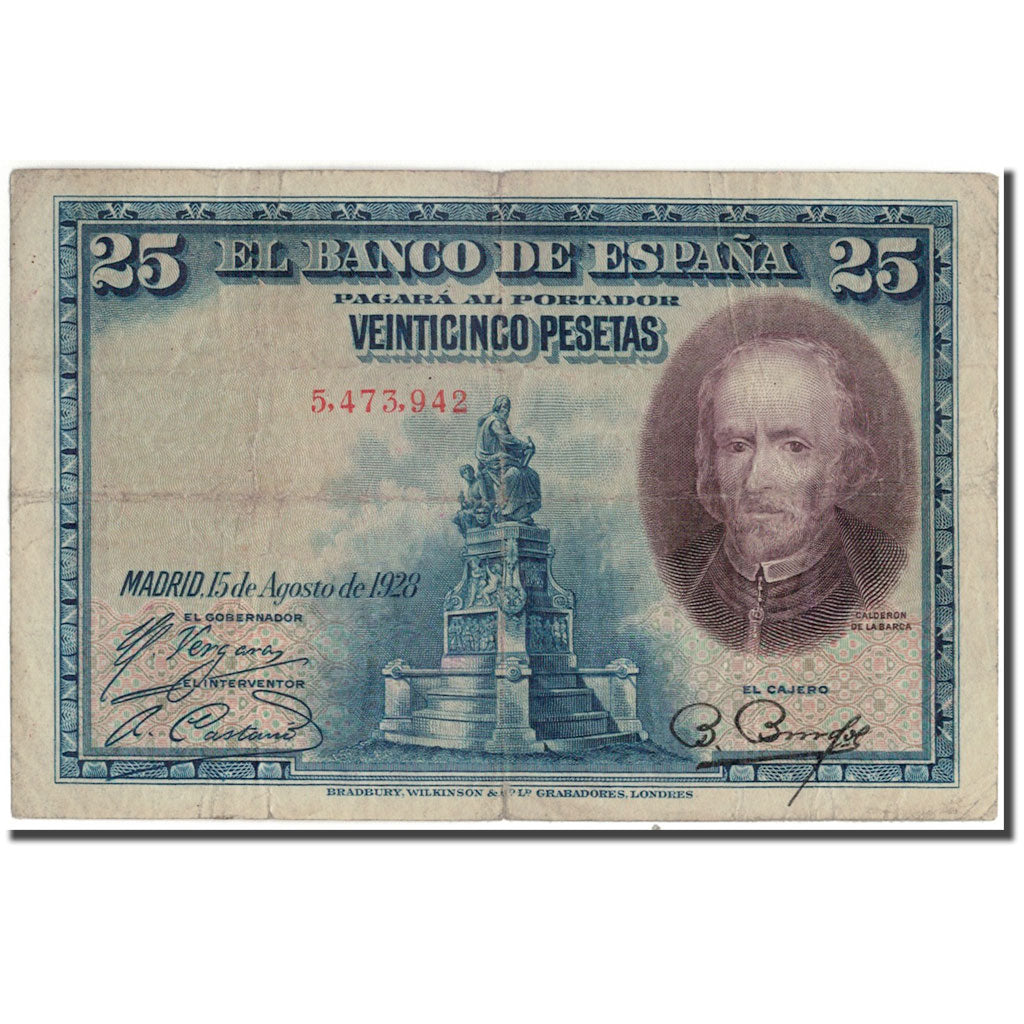 Biljet, Spanje, 25 Pesetas, 1928, 1928-08-15, KM:74a, B+