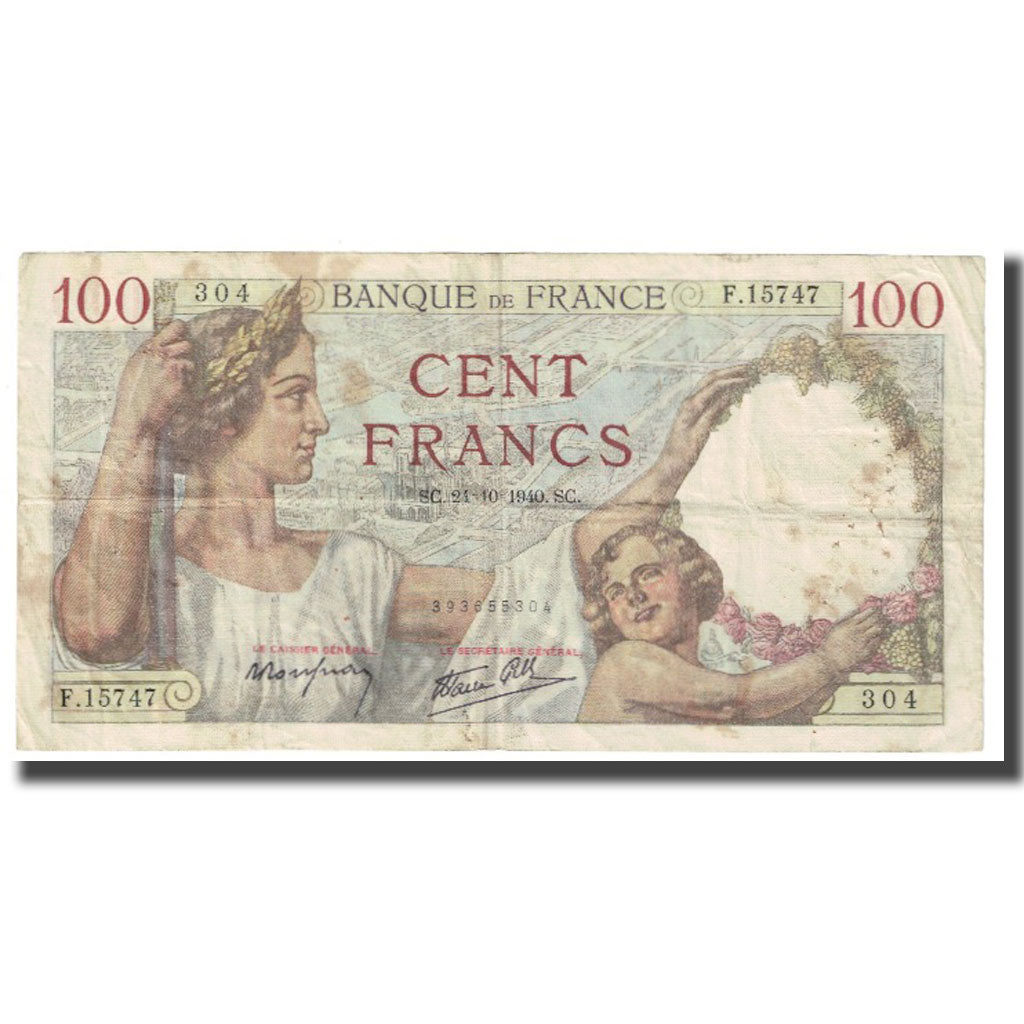 Frankrijk, 100 Francs, 1940, 1940-10-24, TTB, Fayette:26.26, KM:94