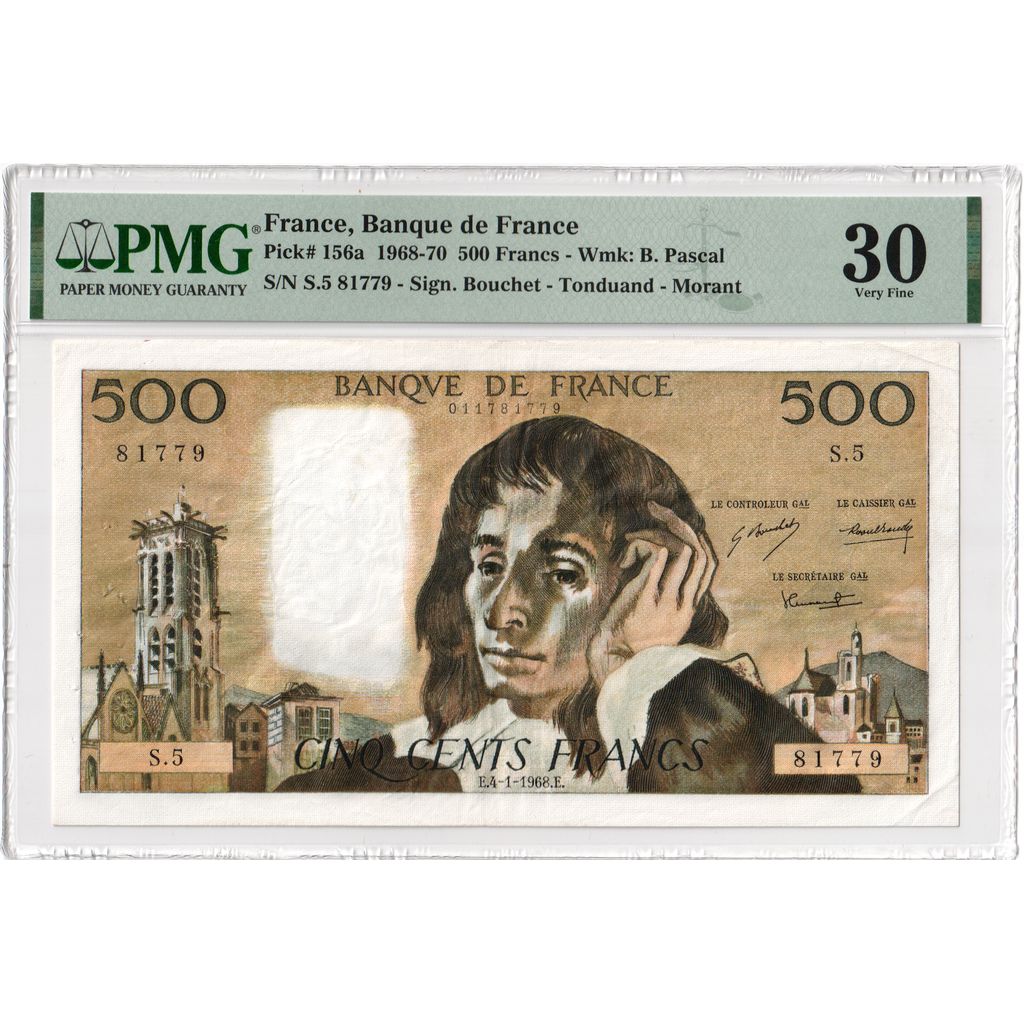 France, 500 Francs, Pascal, 1968, 1968-01-04, UNC(63), Fayette:71.2, KM:156a